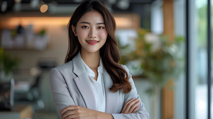 Portrait of Young Professional Asian Business Woman With cross arm Standing in Office: Corporate Leader in Office Setting