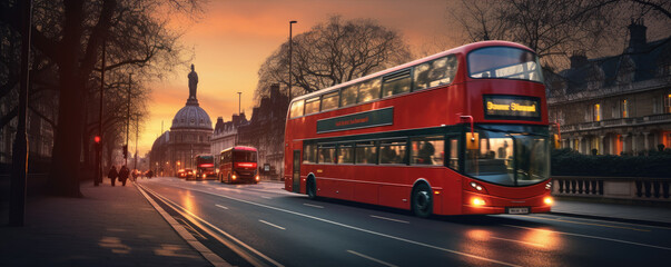 Red modern style London Doubledecker Bus in almost night city.