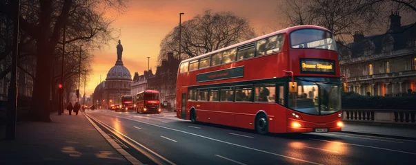 Behangcirkel Red modern style London Doubledecker Bus in almost night city. © Sabrewolf