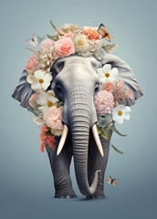 An elephant in a flowers wreath, creative holiday greeting card design, Valentine day concept