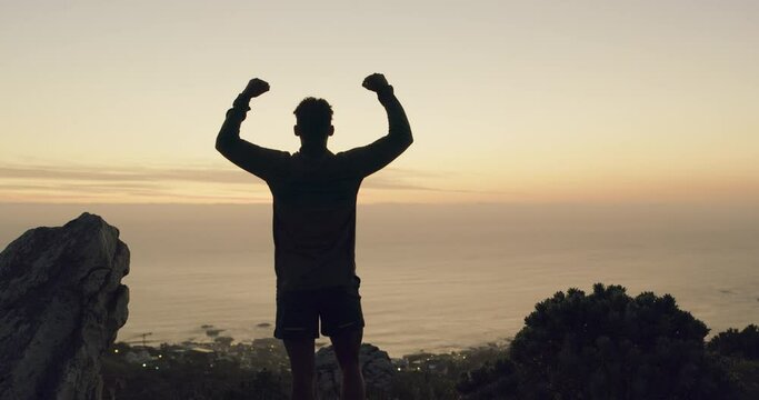 Man, back and achievement at sunset and silhouette, cardio and exercise victory on nature hill. Male person, athlete and training for marathon and fitness, outdoor and winner of physical challenge
