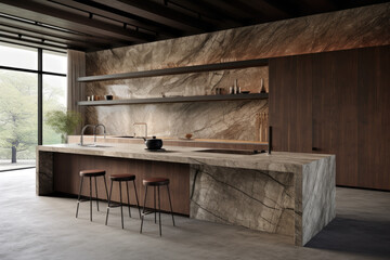 Luxury marble patterned minimal kitchen interior design with dining table and cabinets
