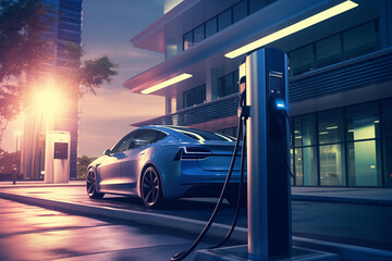 Car charging at electric car charging station. Electric vehicle charger station for charge EV battery. EV car charging point. Clean energy. Sustainable transportation. Green technology. - obrazy, fototapety, plakaty