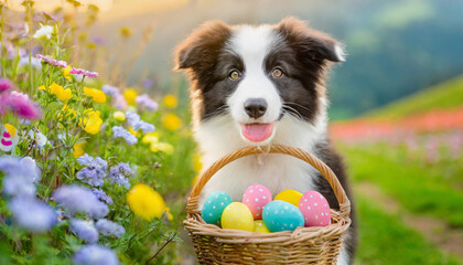 Cute puppy dog border collie holding basket with Easter colorful eggs. - obrazy, fototapety, plakaty