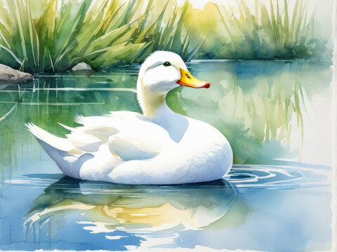 Close-up illustration of a beautiful white duck swimming in water in watercolor style