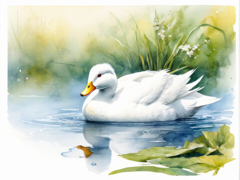 Close-up illustration of a beautiful white duck swimming in water in watercolor style