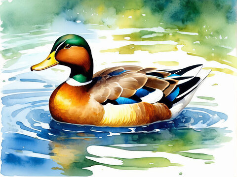 Close-up illustration of a beautiful duck swimming in water in watercolor style