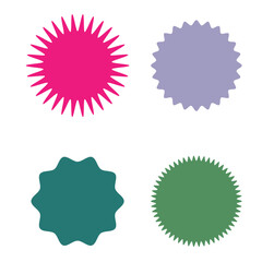 Set of vector starburst, sunburst badges. Different color. Simple flat style Vintage labels. Colored stickers 
