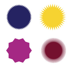Set of vector starburst, sunburst badges. Different color. Simple flat style Vintage labels. Colored stickers 