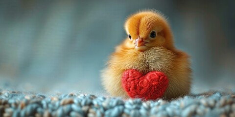 A cute yellow chick with a soft red heart, symbolizing the beauty of new life.