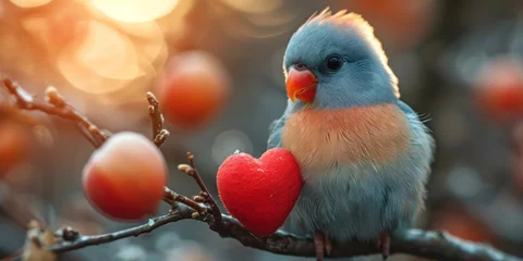Foto op Plexiglas A colorful bird on a branch with a heart, showing the beauty of nature and bird love. © Iryna