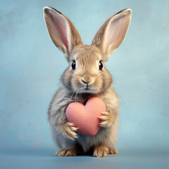 Obraz premium Cute brown bunny holding heart, Valentine day or easter holiday greenings card design