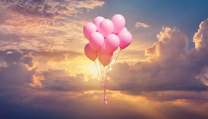 Fototapeta premium Pink balloons in the sky in clouds sunset bright light .
