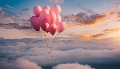 Obraz premium Red balloons shape heart in the sky in clouds in the sunset bright light