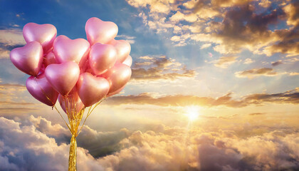 Pink  balloons heart in the sky in clouds sunset light . - obrazy, fototapety, plakaty