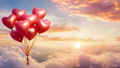 Fototapeta na wymiar Pink balloons heart flying in the sky clouds sunset .