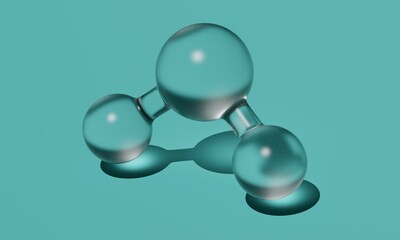 Glass figure of a water molecule on a blue background. 3d rendering