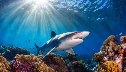 Shark on a coral reef with the rays of light.