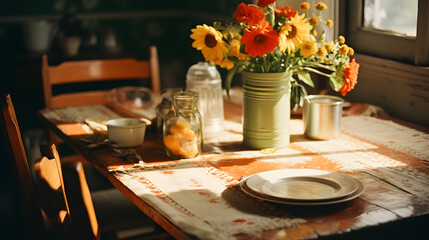 table after finished family dinner, 50s american farm house style