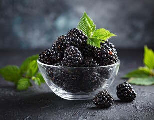 Bowl of fresh ripe blackberries on textured stone background