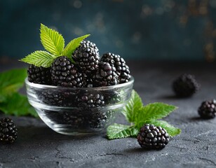 Bowl of fresh ripe blackberries on textured stone background