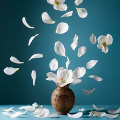 Falling white flowers and petals in the studio