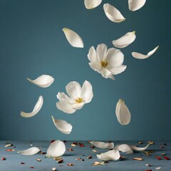 Falling white flowers and petals in the studio