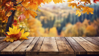 Naklejka na ściany i meble Empty wooden table top with blur background of autumn.
