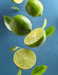 Flying limes with leaves in the studio