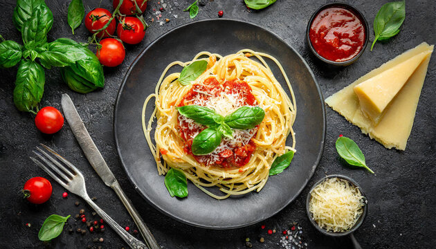 Tasty appetizing classic italian spaghetti pasta with tomato sauce