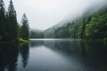 lake with fog in the mountains