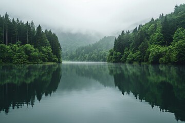 Fototapeta na wymiar lake with fog in the mountains
