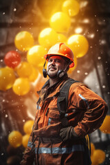 Man in hard hat and overalls, balloons background