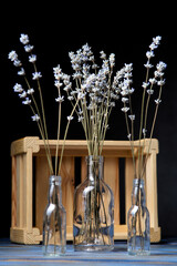 Glass bottles with dry lavender branches and wooden box on a dark background