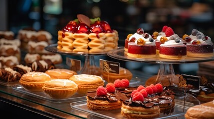 Showcase with sweets in a bakery or coffee shop. Making cakes and pastries Concept: confectionery