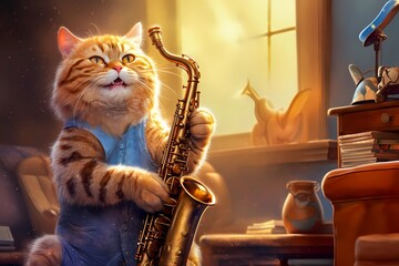 happy tabby orange cat with a saxophone, fantasy illustration