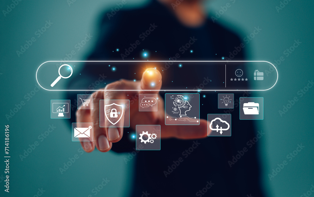 Poster businessman touch magnifier search with ai assistant. search job on virtual screen digital data sear