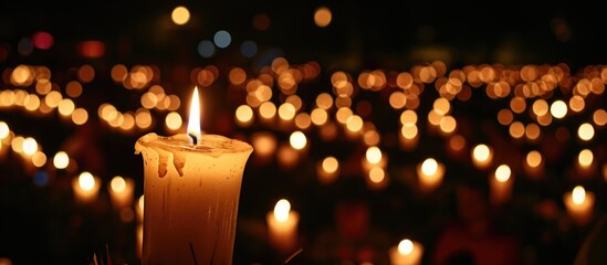 Candlelit vigil seeks hope in darkness. - obrazy, fototapety, plakaty
