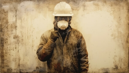 Masked worker on tumbled wall background