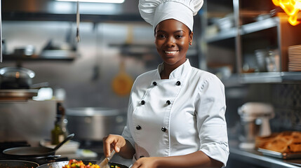 African american chef woman preparing food in a professional kitchen. - obrazy, fototapety, plakaty