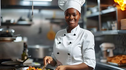 Fotobehang African american chef woman preparing food in a professional kitchen. © john