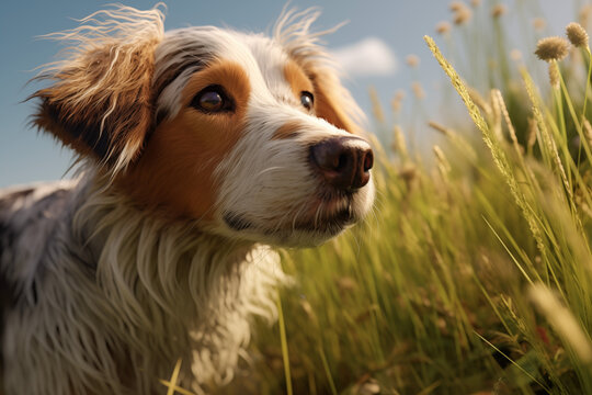 Portrait of a purebred dog with grass background. Illustration related to dogs. Pet. Dog related event. The world of dogs. Adopt a dog.	
