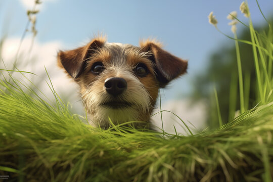 Portrait of a purebred dog with grass background. Illustration related to dogs. Pet. Dog related event. The world of dogs. Adopt a dog.	
