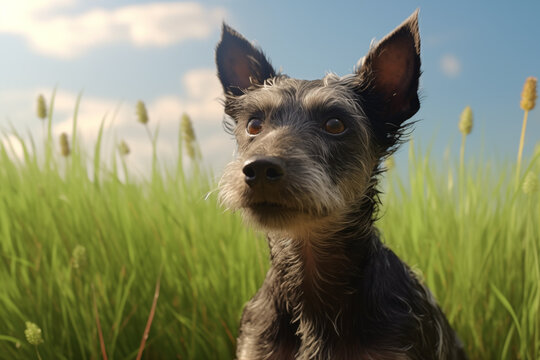 Portrait of a purebred dog with grass background. Illustration related to dogs. Pet. Dog related event. The world of dogs. Adopt a dog.	
