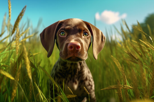 Portrait of a purebred dog with grass background. Illustration related to dogs. Pet. Dog related event. The world of dogs. Adopt a dog.	
