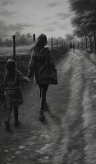 woman, walking, child, road, nature, street, path, black and white, autumn, cold