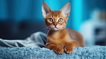 Beautiful Abyssinian Kitty Sitting on Blue Pillow at Home AI Generated