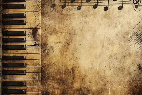 Gritty Harmony: Grunge Music Background Wallpaper with Vintage Old Keyboard and Scattered Music Notes