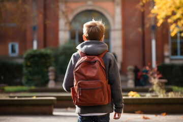 Middle school student with bag on his back in school yard, back to school. Generative ai