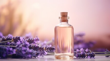 Obraz na płótnie Canvas Lavender Essential Oil and Flowers on Light Purple Background AI Generated